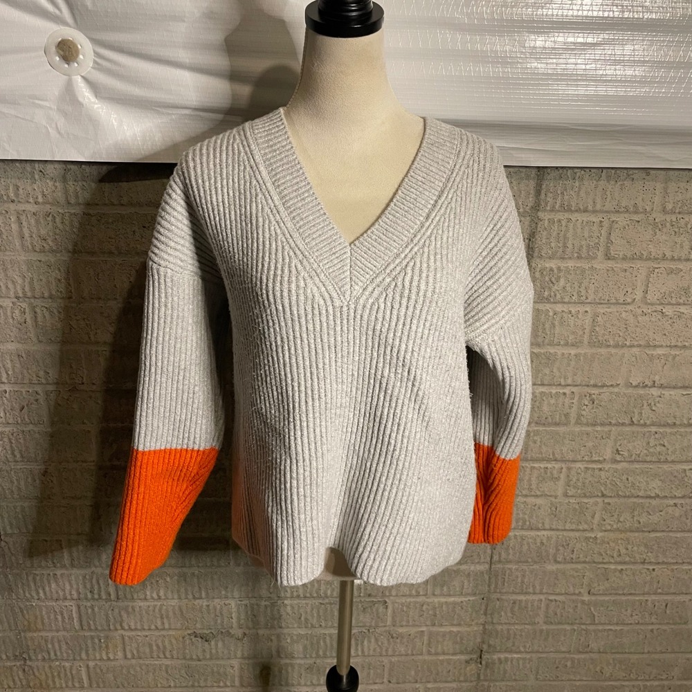 Stitches + Stripes Gray Orange Colorblock V Neck‎ Knit Sweater Womens Size L